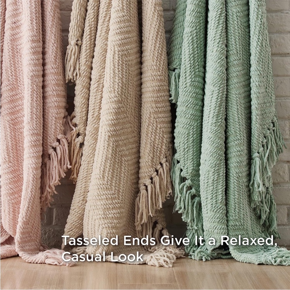 West Elm Teal Mint Trendy Gift Soft Cozy Chevron Tassel Throw Blanket Bedding - Picture 5 of 15